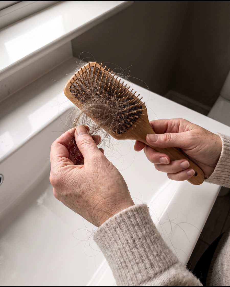 Her hands pulling a clump of shed hair from a hairbrush