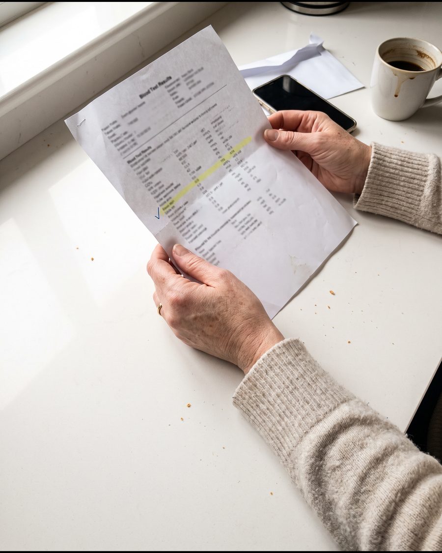 Her hands holding a printed blood test report at the kitchen counter