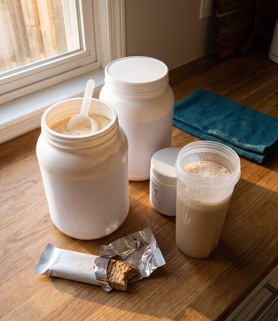 Protein powder tubs, protein bars and a full shaker bottle on the kitchen counter