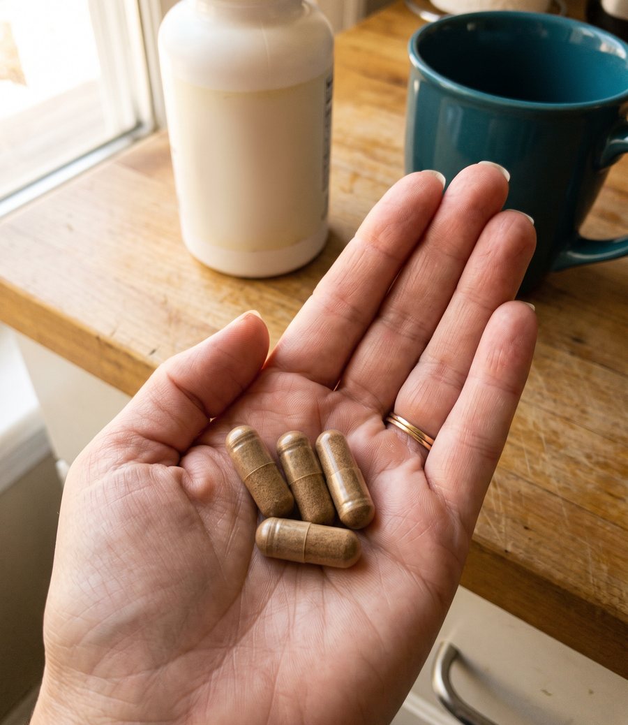 Four large hair supplement capsules in an open palm