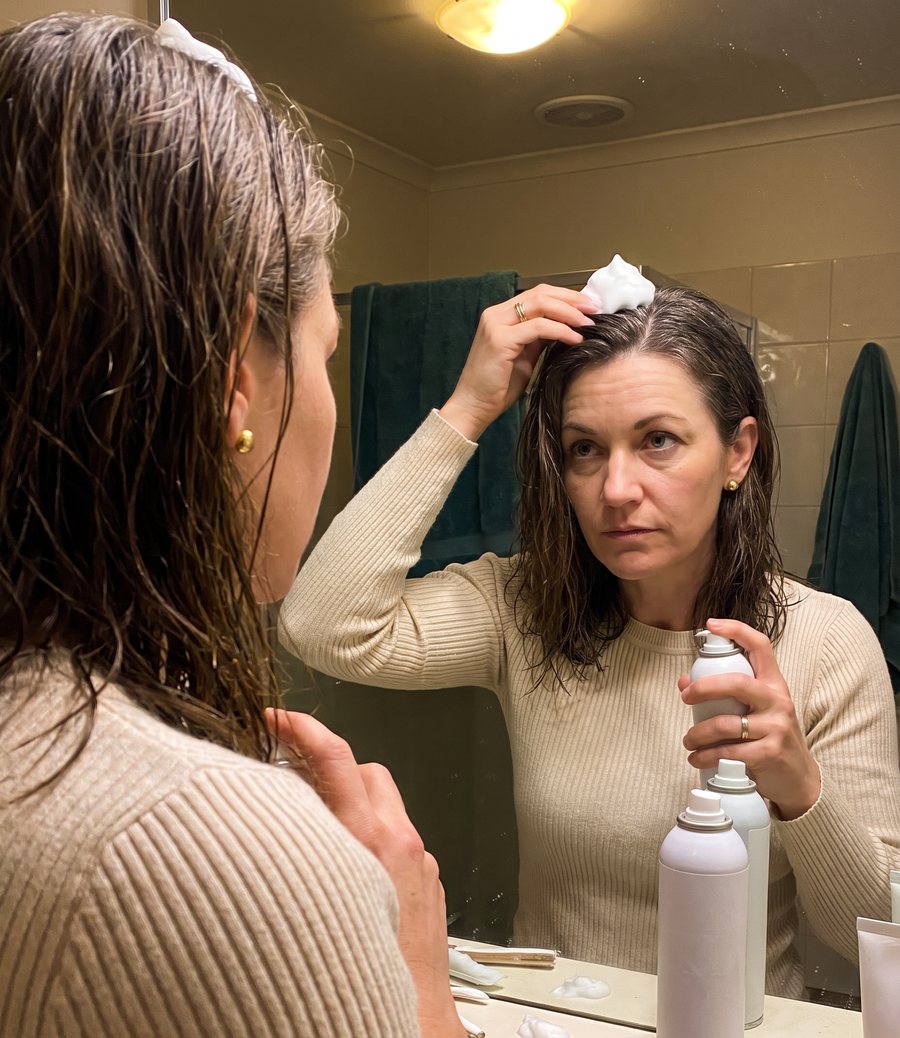 Applying white scalp foam to her part in the bathroom mirror