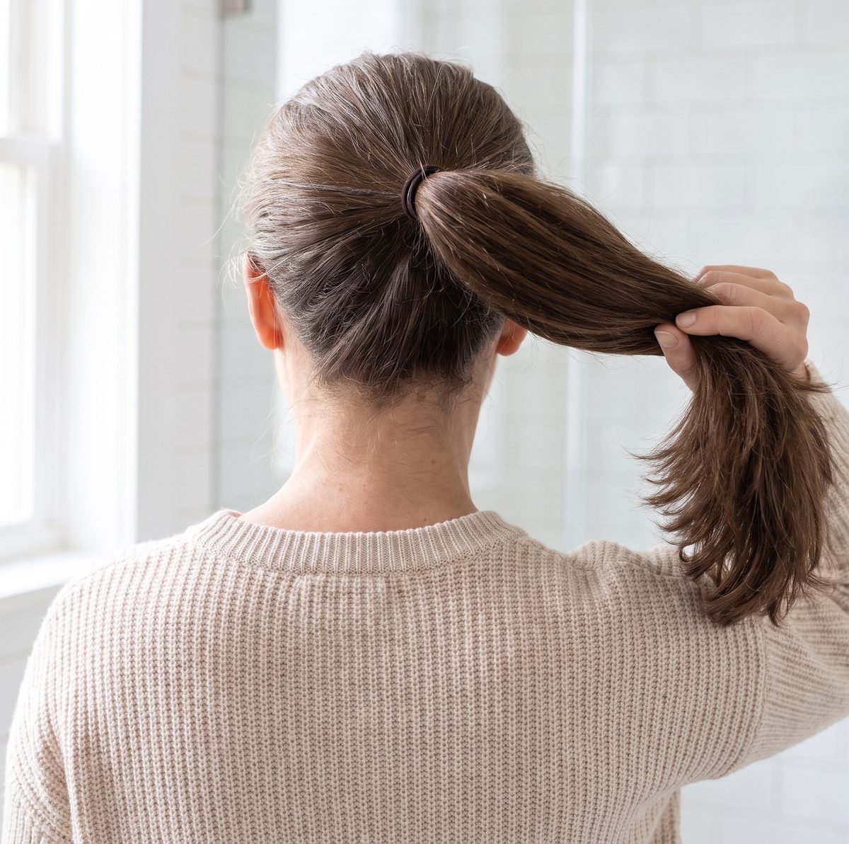 A thick ponytail held in one hand