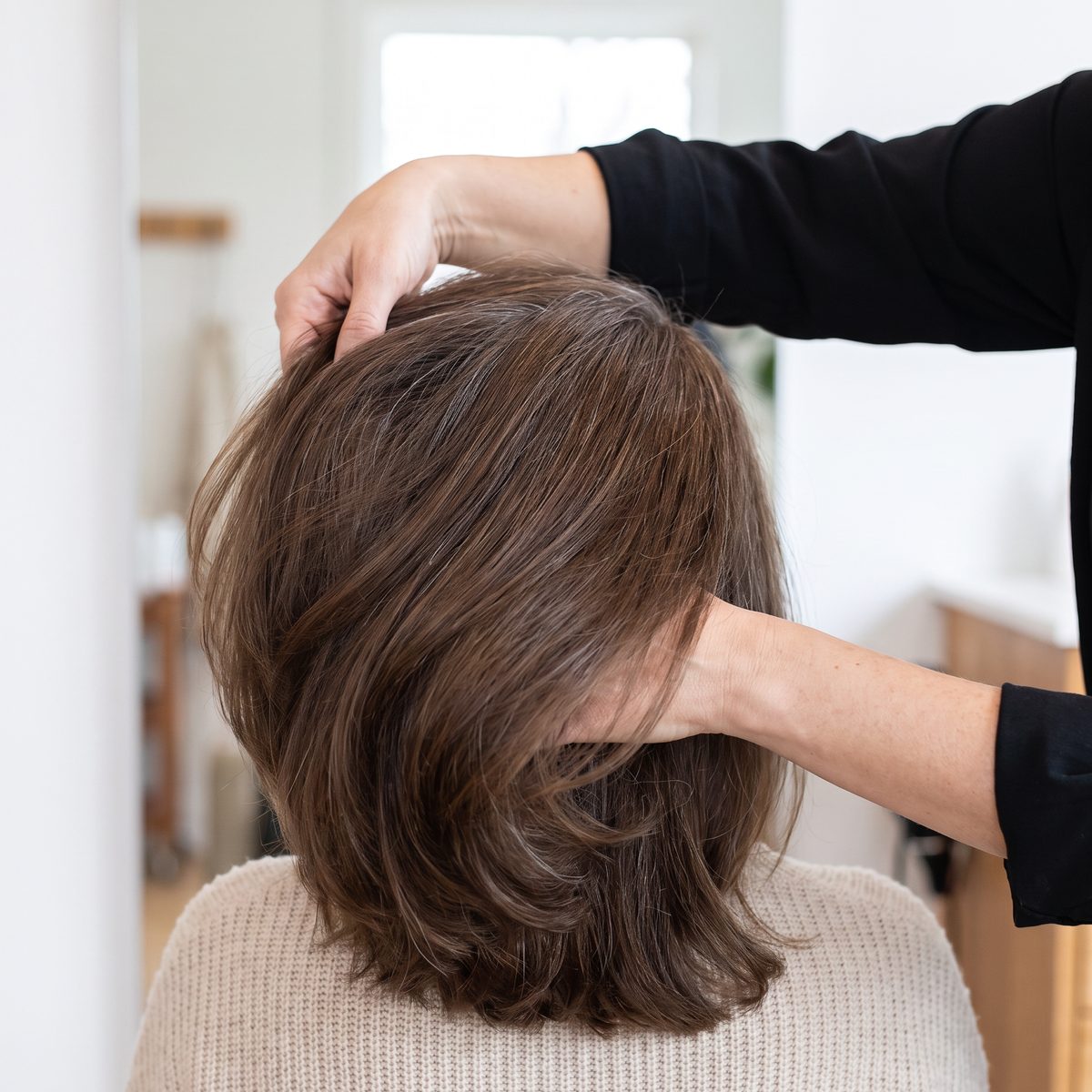 A hairdresser lifting a thick section of hair