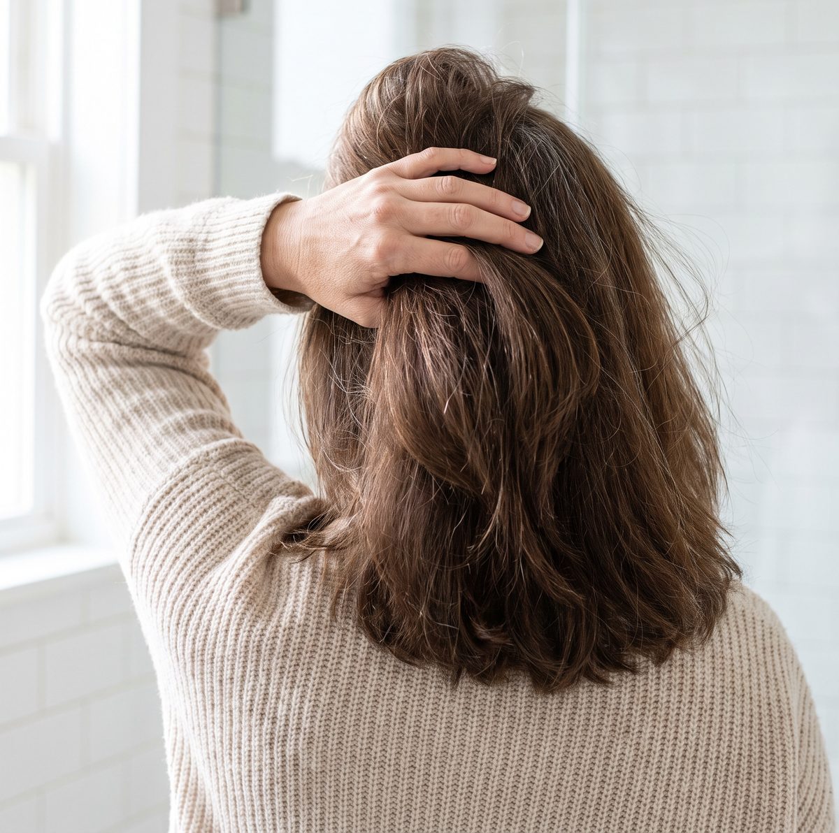 A woman running her hand through her thick brown hair