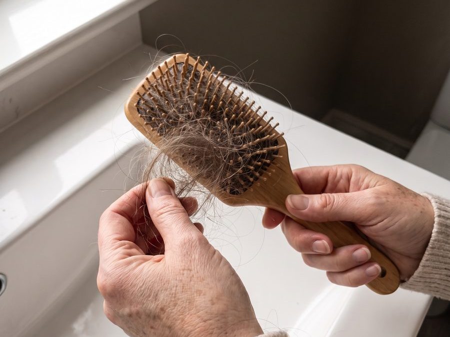 Two hands pulling a clump of shed hair out of a hairbrush