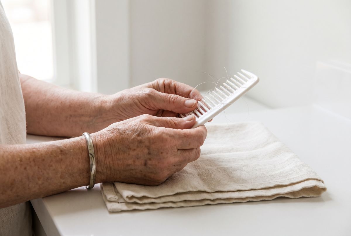 An older woman’s hands holding a wide-tooth comb with a few silver hairs
