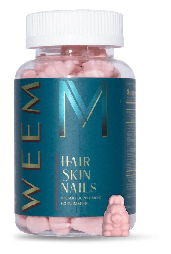 A jar of WEEM Hair Skin Nails gummies