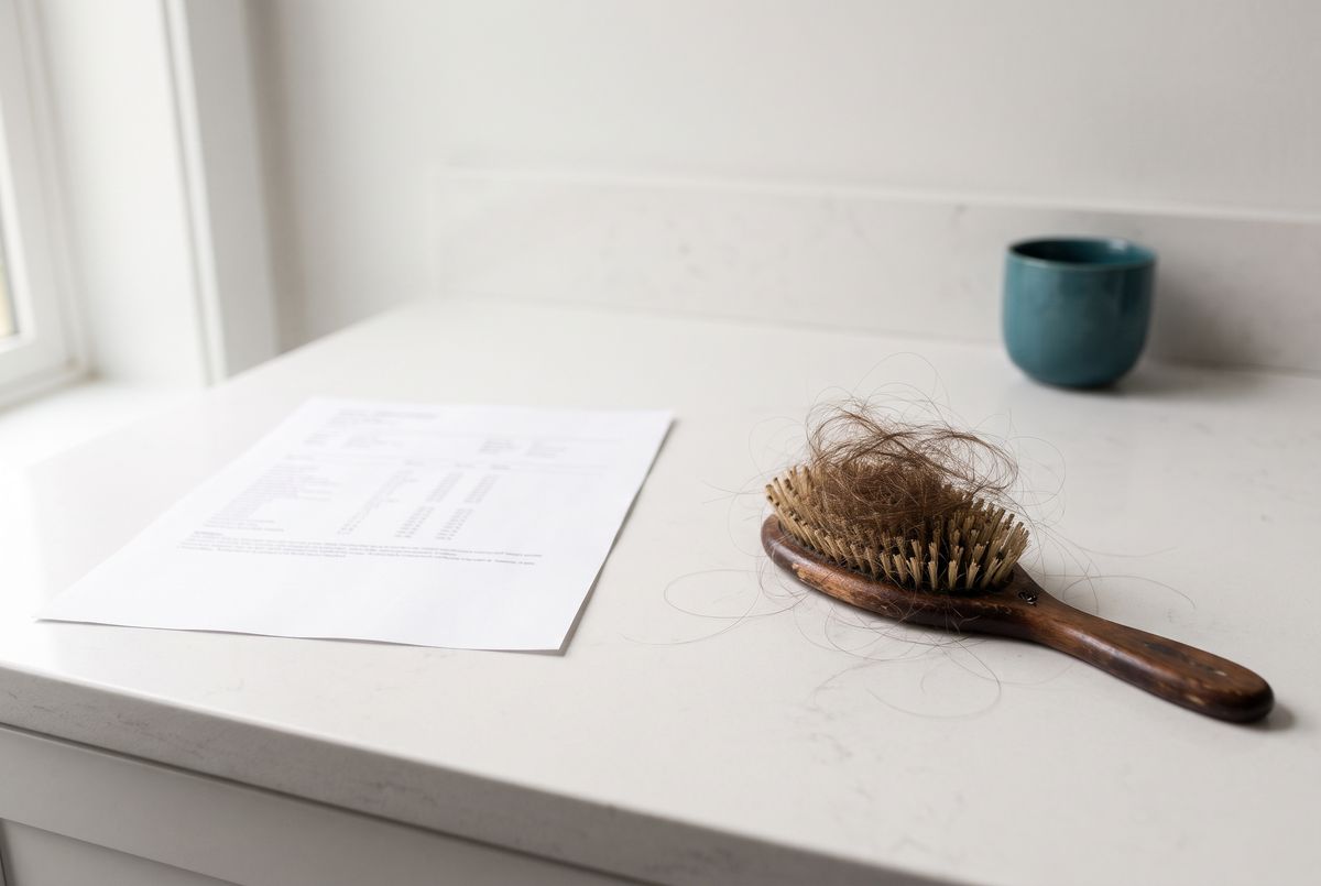 A lab report on a bathroom counter next to a hairbrush full of shed hair