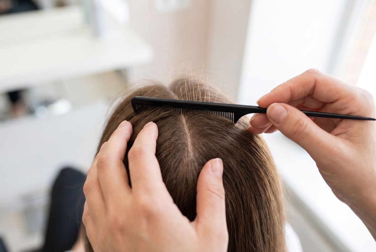 A hairstylist parting hair to show short new baby hairs along the part