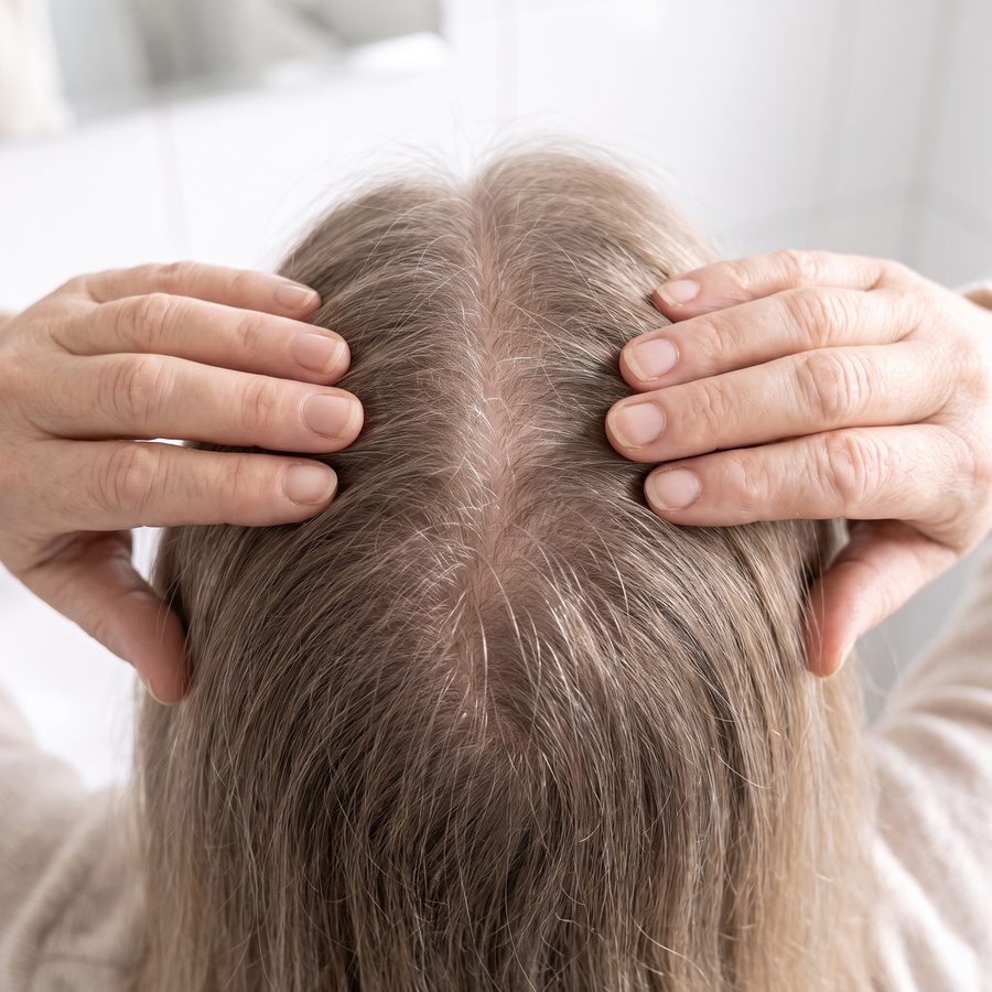 Fingers parting hair to show a wide part line