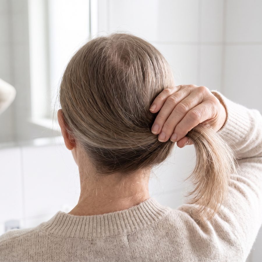 A woman holding a thin ponytail, seen from behind