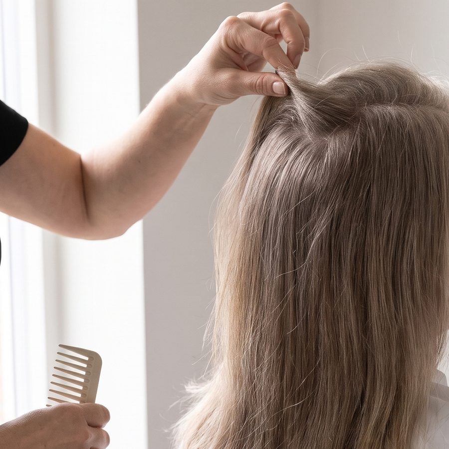 A hairstylist lifting a section of hair at the crown