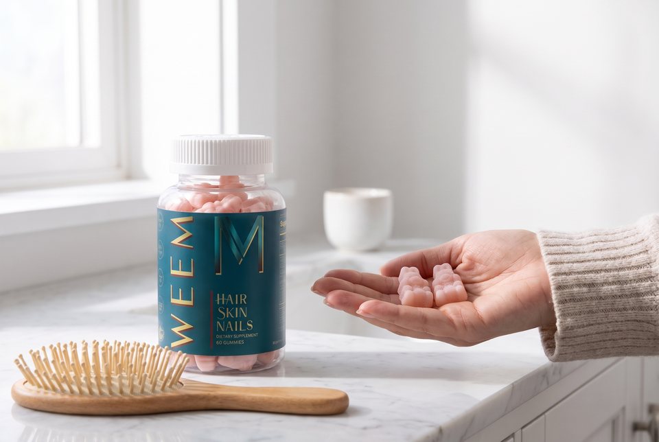 A hand holding 2 pink WEEM gummies next to the bottle and a hairbrush