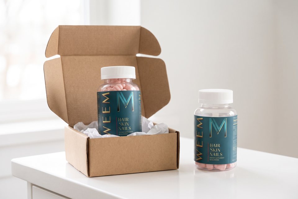 A WEEM refill bottle arriving in a small box next to an almost empty bottle