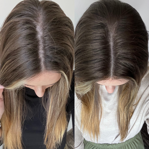 Comparison of a woman's hair showing a before and after hair growth.