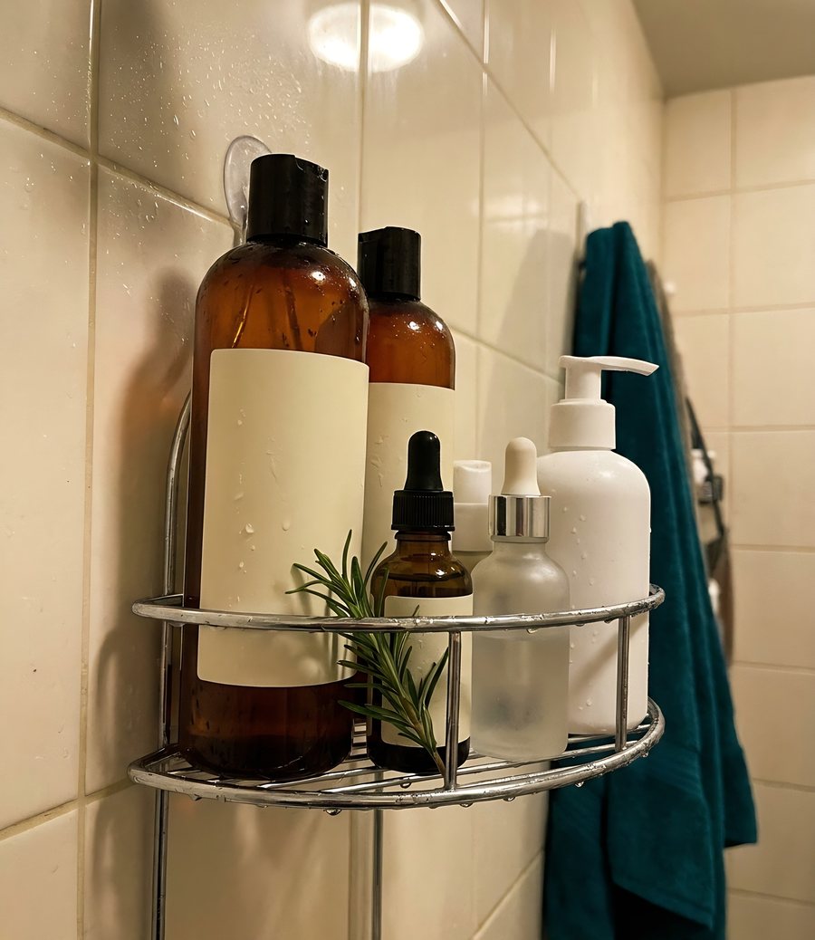 A crowded shower caddy of thickening shampoos, rosemary oil and a scalp serum