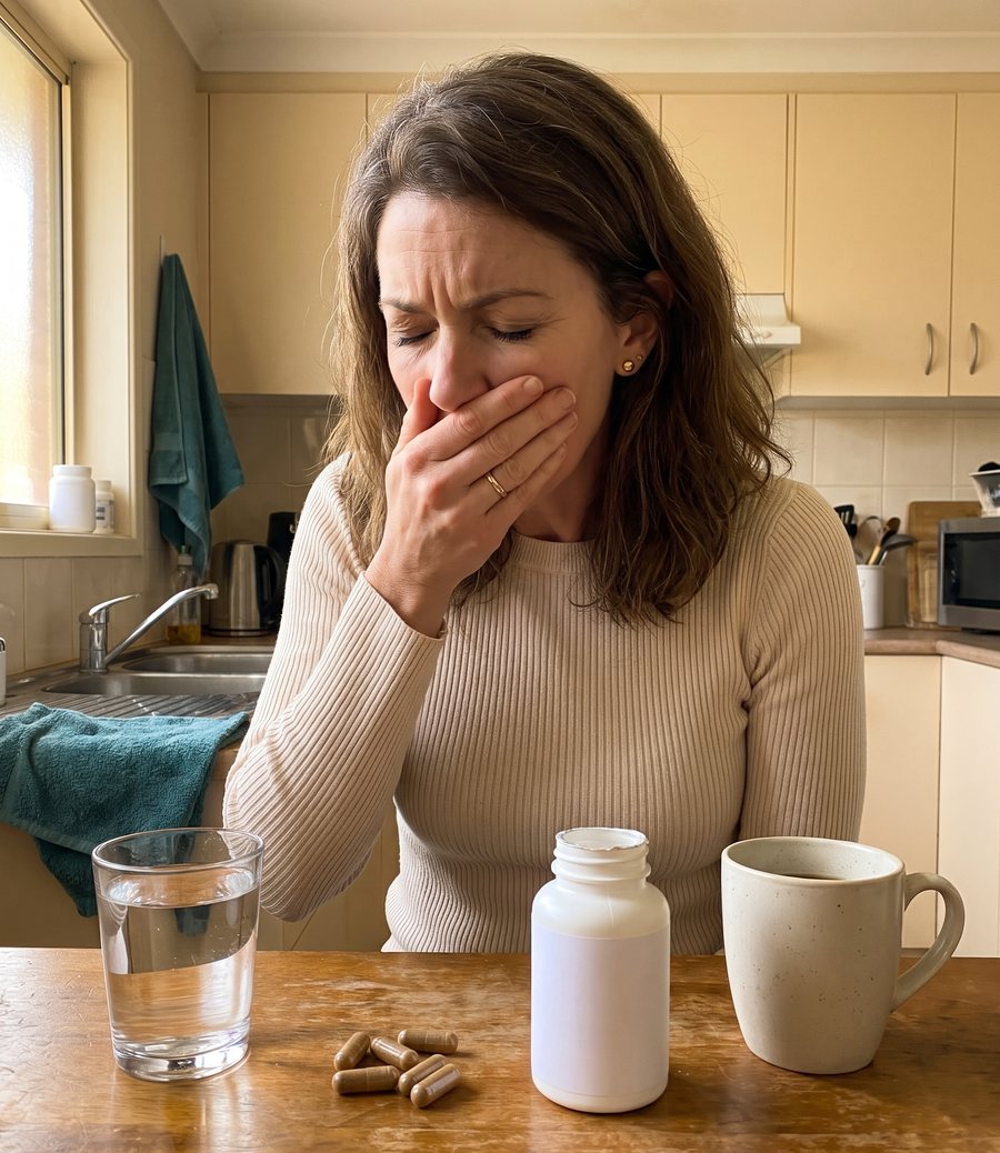 Dana at the kitchen counter in the morning, hand to her mouth, a glass of water and capsules in front of her