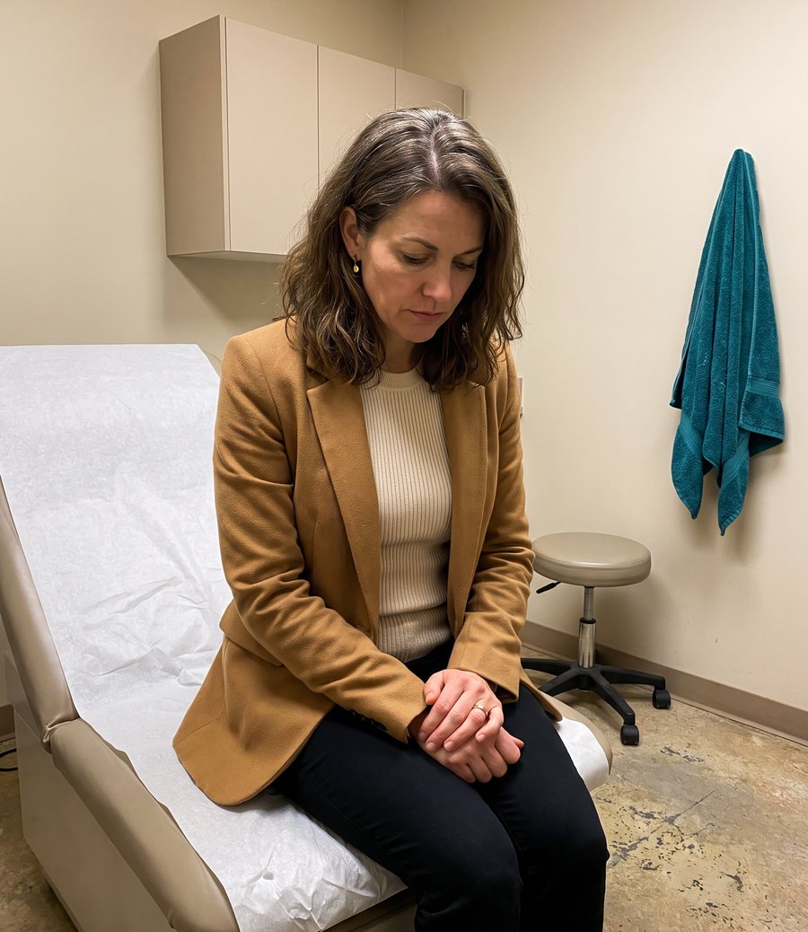 Dana waiting alone in a dermatology exam room