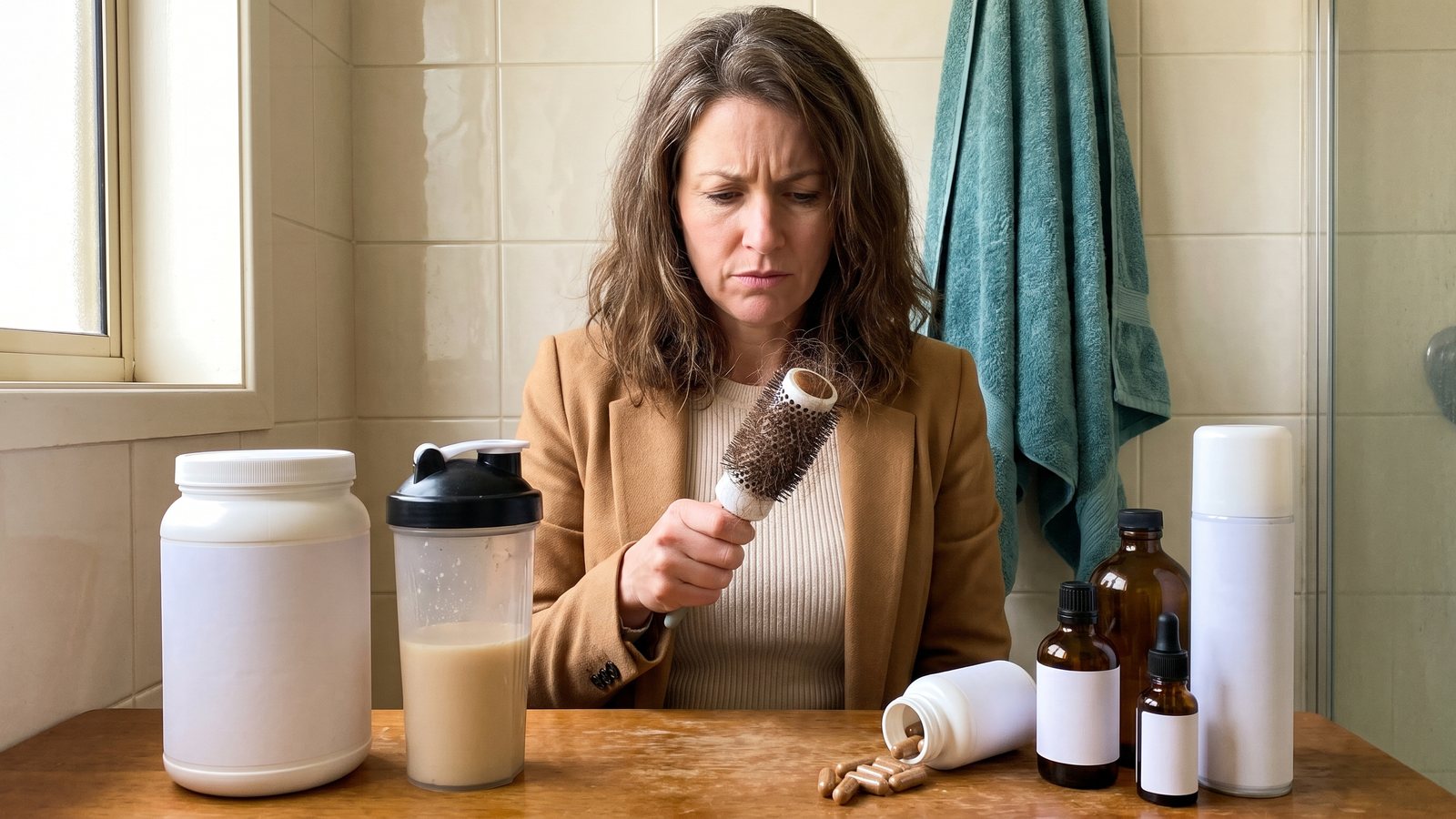 Dana at her bathroom counter holding a hairbrush full of shed hair, surrounded by the fixes she tried
